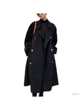 Women's Winter Double Breasted Midi Long Wool Pea Coat Notch Lapel Trench Coat